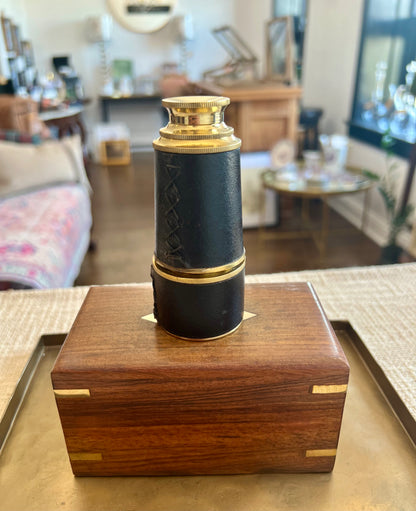 Leather-Wrapped Brass Pocket Telescope in Wood Display Box