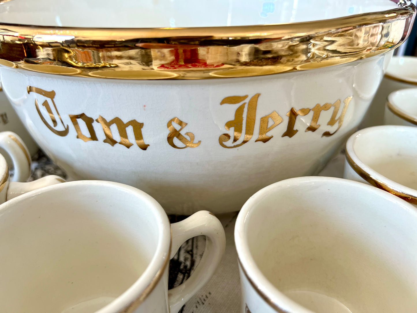 Vintage Tom & Jerry Gold Punch Bowl & Cups Set