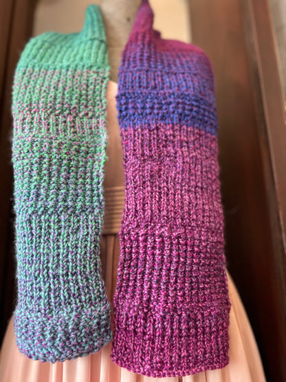 Hand Knit Soft Wool Scarf in Teal, Purples & Blues