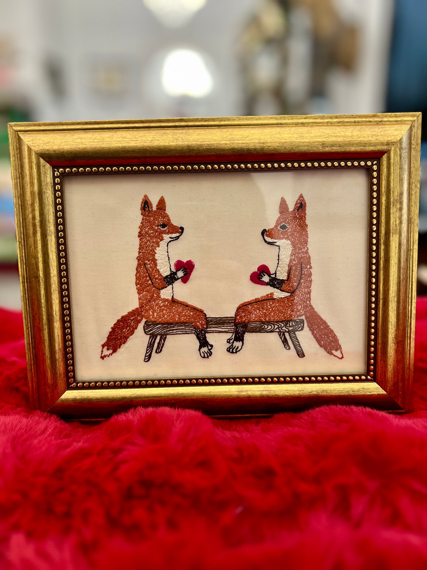 Smitten Foxes Beaded Framed Embroidered Textile by Coral & Tusk