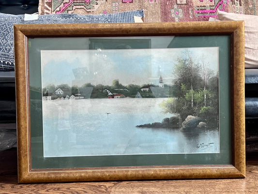 Vintage Oil Pastel Framed Artwork - Waterside Village by E. Nyquist IN STORE OR LOCAL PICK UP ONLY