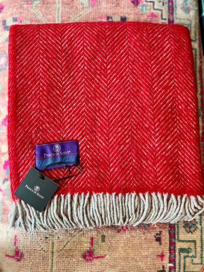 Ruby Red & Pearl Gray Highland Tweeds 100% Wool Herringbone Throw - Made in the British Isles