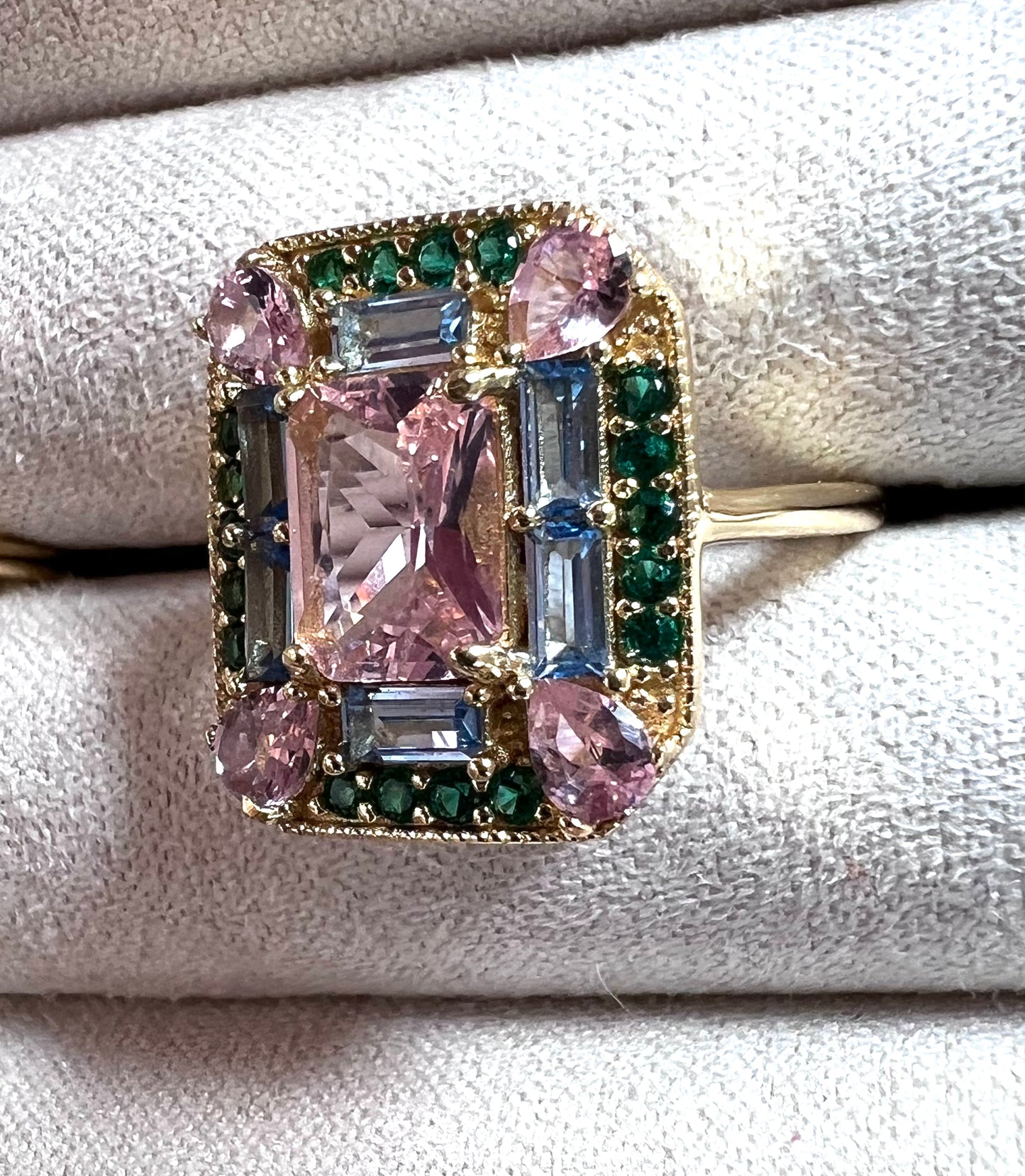 The Marlowe Ring - Morganite, Emerald & Aquamarine Cocktail Ring, Size 5