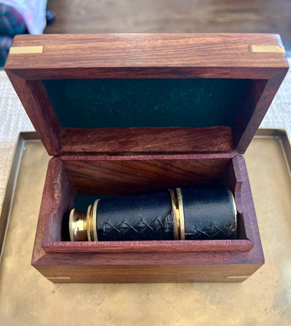 Leather-Wrapped Brass Pocket Telescope in Wood Display Box