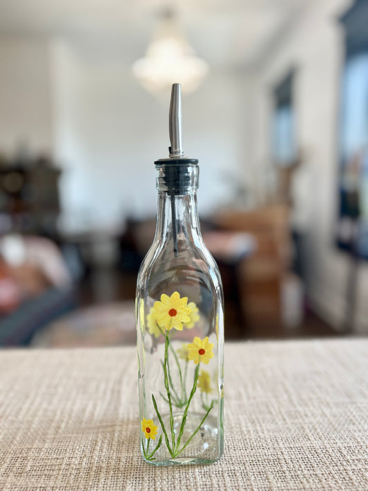 Hand-painted Olive Oil Bottle - Yellow Flowers