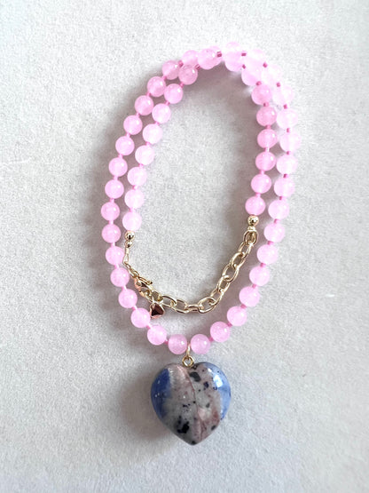 Lapis Lazuli Heart & Pink Jade Beads Necklace