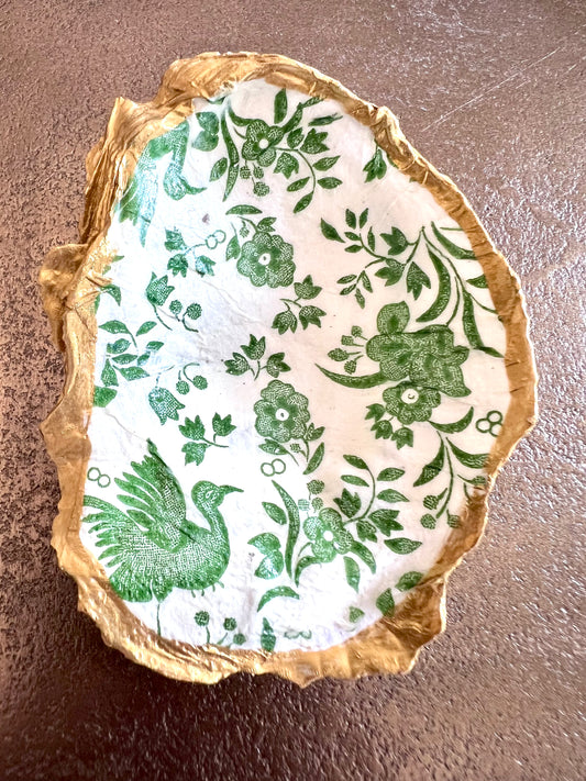 Green Birds & Flowers - Handmade Decoupaged Oyster Shell