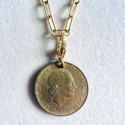 1992 Italian 200 Lire Commemorative Coin 14kt Gold Vermeil Paper Clip Necklace