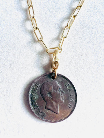 1927–1941 Kingdom of Sarawak One Cent Coin 14kt Gold Vermeil Paperclip Necklace