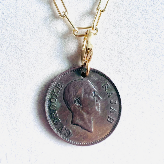 1927–1941 Kingdom of Sarawak One Cent Coin 14kt Gold Vermeil Paperclip Necklace