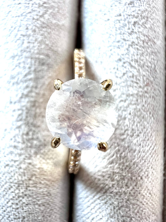 Rainbow Moonstone & White Topaz Pavé Ring in 14kt Gold Vermail, Size 6