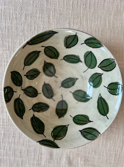 Green Leaves Wide Bowl - Handmade by Ceramic Artist Natalie Zelman