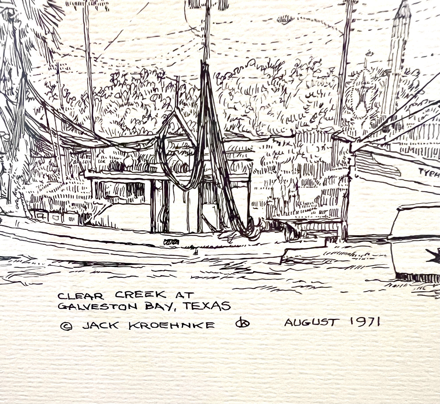 "Clear Creek at Galveston Bay, Texas" - Reframed Original Signed Ink Drawing by Artist Jack Kroehnke circa August 1971