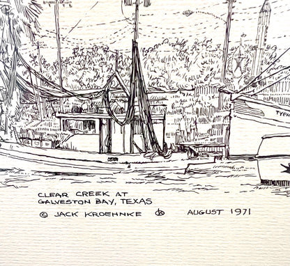 "Clear Creek at Galveston Bay, Texas" - Reframed Original Signed Ink Drawing by Artist Jack Kroehnke circa August 1971