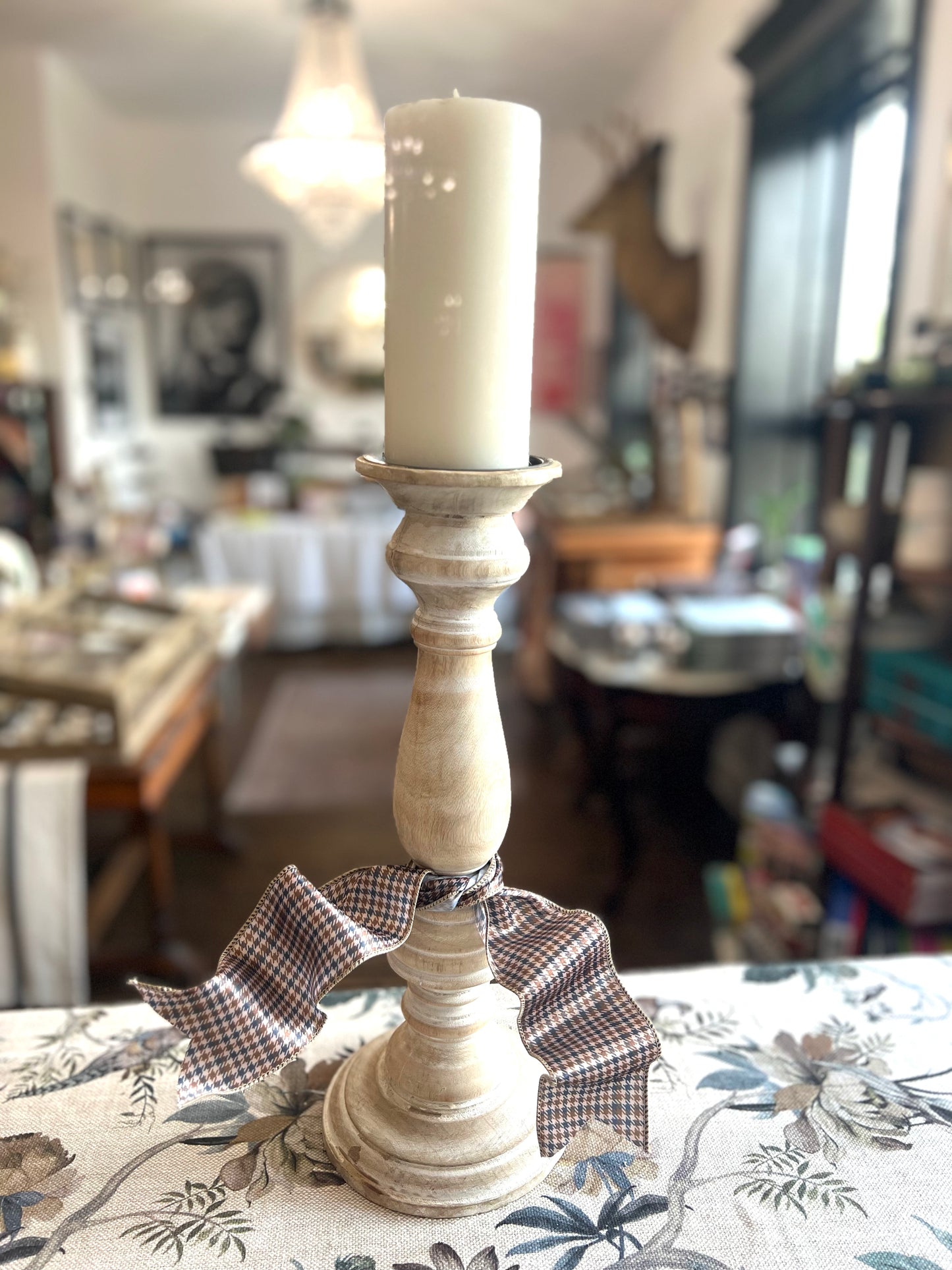 Tall Scalloped Wood Candleholder 15"