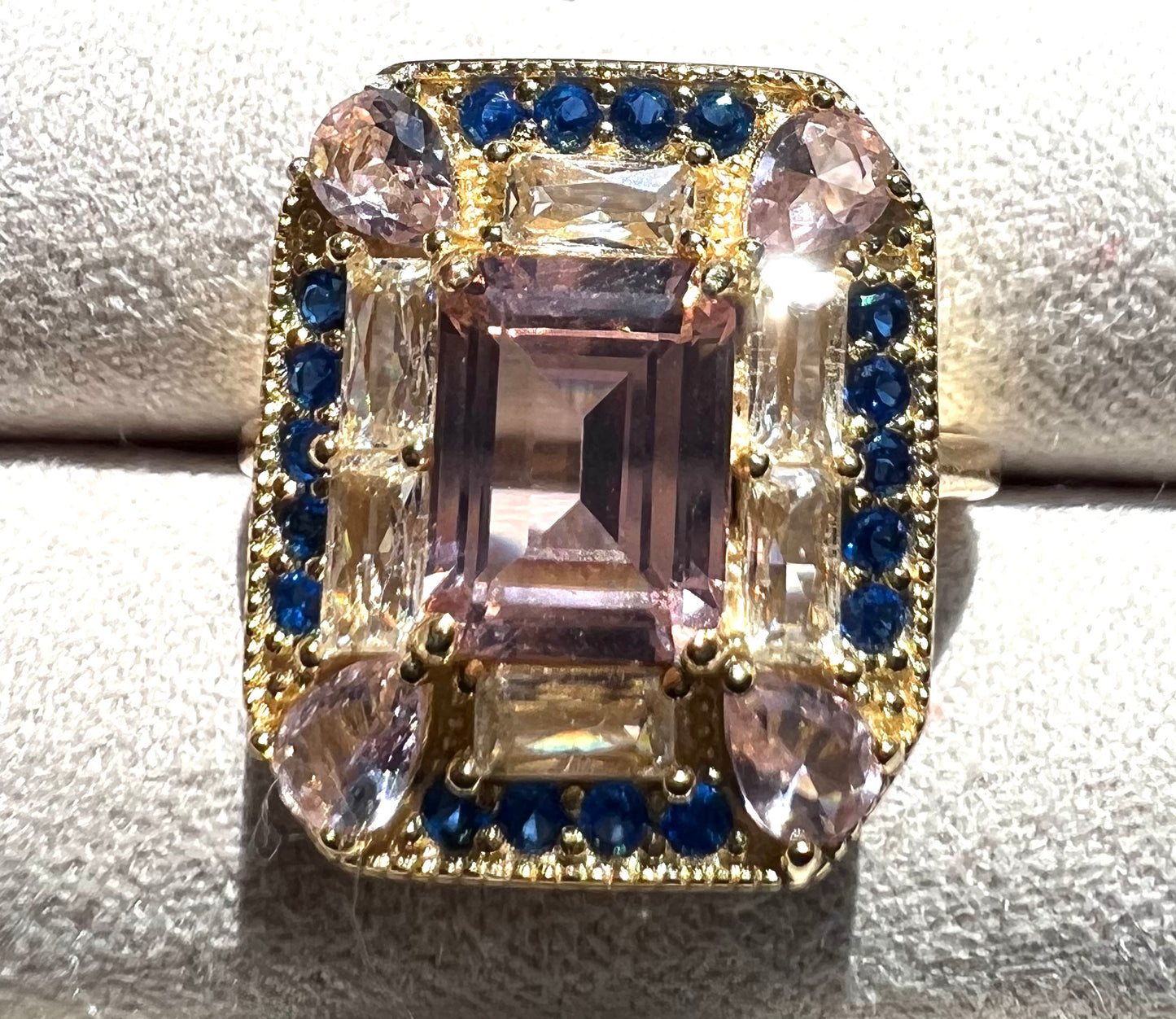 The Gatsby Ring - Pink Morganite, Sapphire & White Topaz Cocktail Ring, Size 6