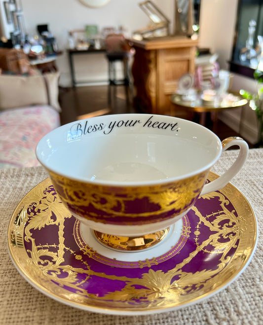 "Bless Your Heart" Purple & Gold Teacup & Saucer