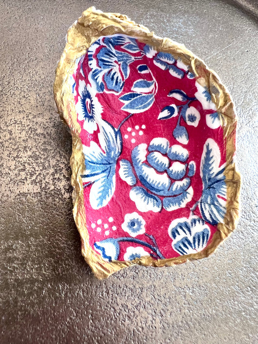 Blue & Red Floral - Handmade Decoupaged Oyster Shell