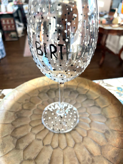 Hand Painted B&W Happy Birthday Red Wine Glass by Carol Moore