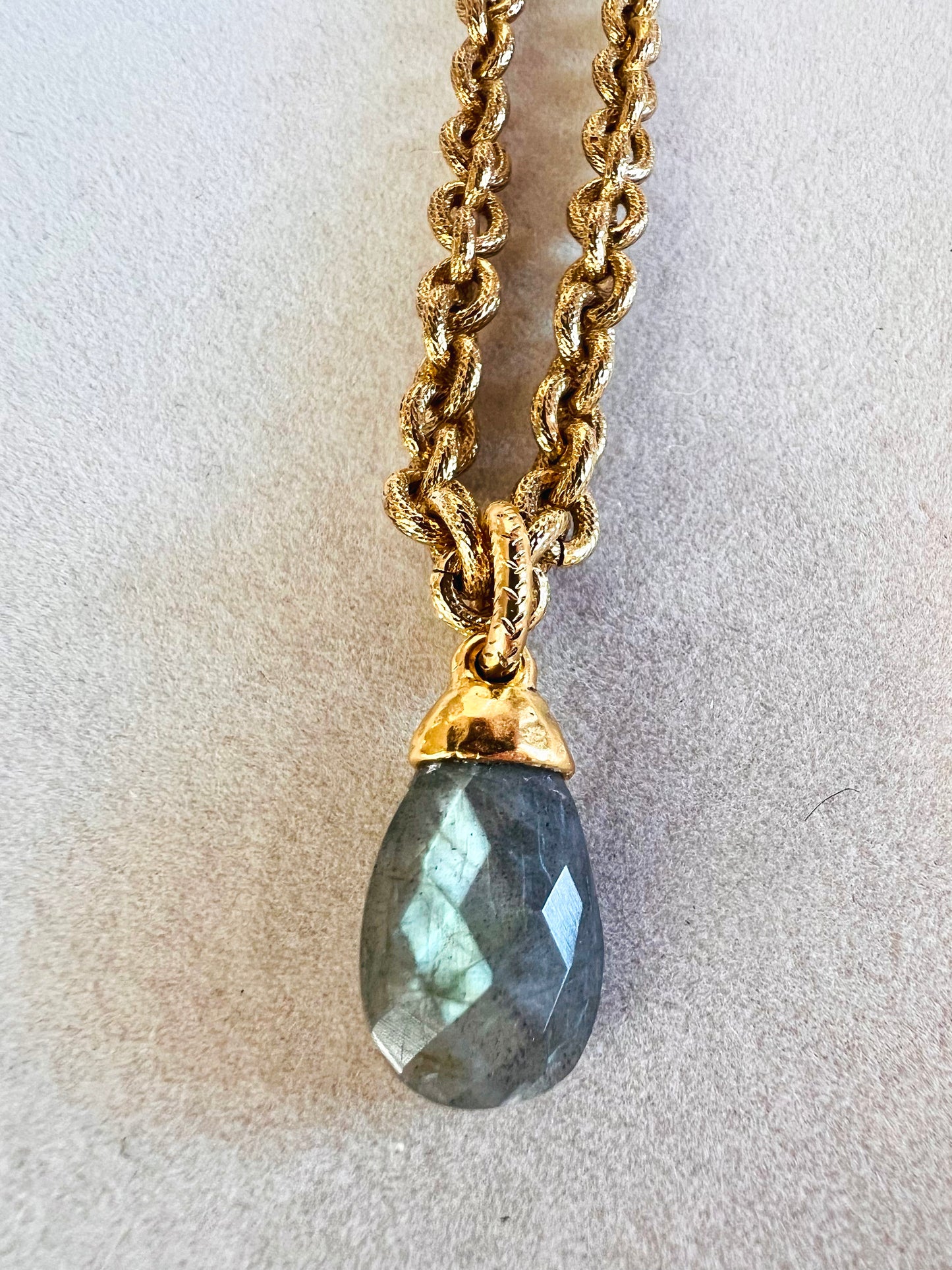 Labradorite Briolette Pendant on 12kt Gold Finish Necklace