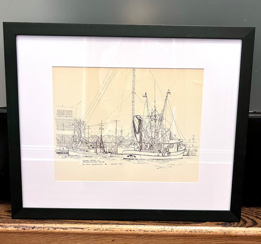"Clear Creek at Galveston Bay, Texas" - Reframed Original Signed Ink Drawing by Artist Jack Kroehnke circa August 1971