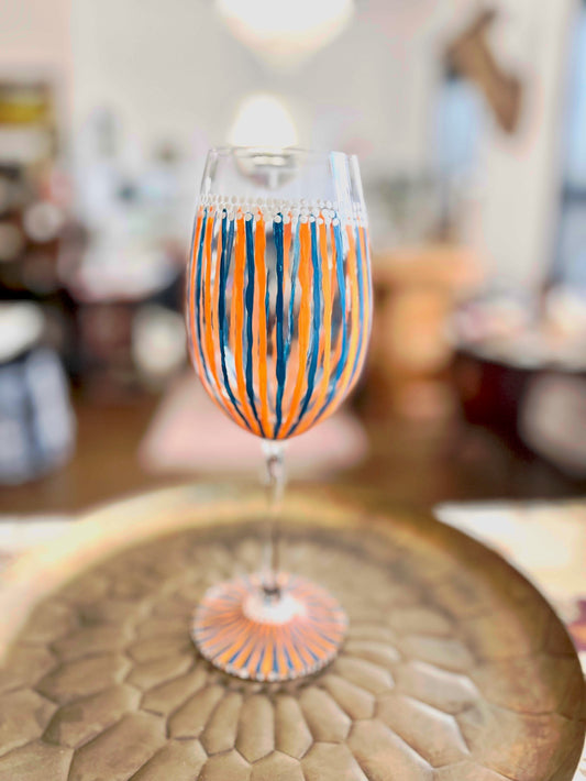 Hand Painted Orange & Blue White Wine Glass by Carol Moore