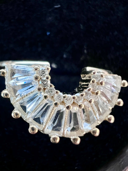 Diamond & White Topaz Baguette Solid 14kt Gold Arc Ring - Size 6