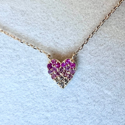 Pink & White Sapphire Heart Solid 14kt Gold Necklace
