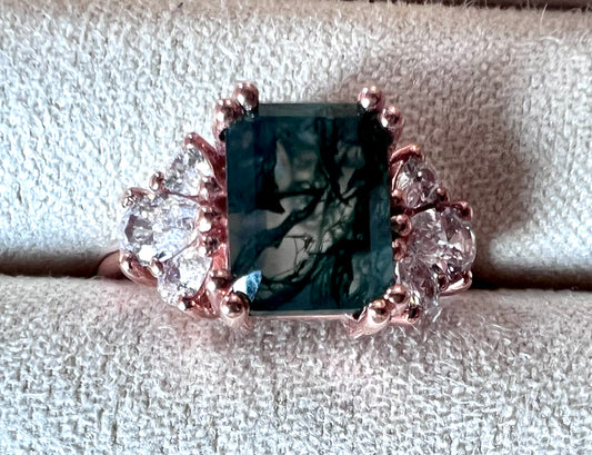 Forest Moss Agate & White Topaz Rose Gold Ring - Size 8