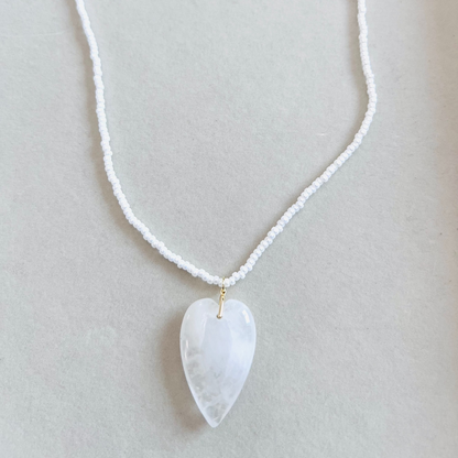 White Stone Heart & Glass Seed Beads Necklace