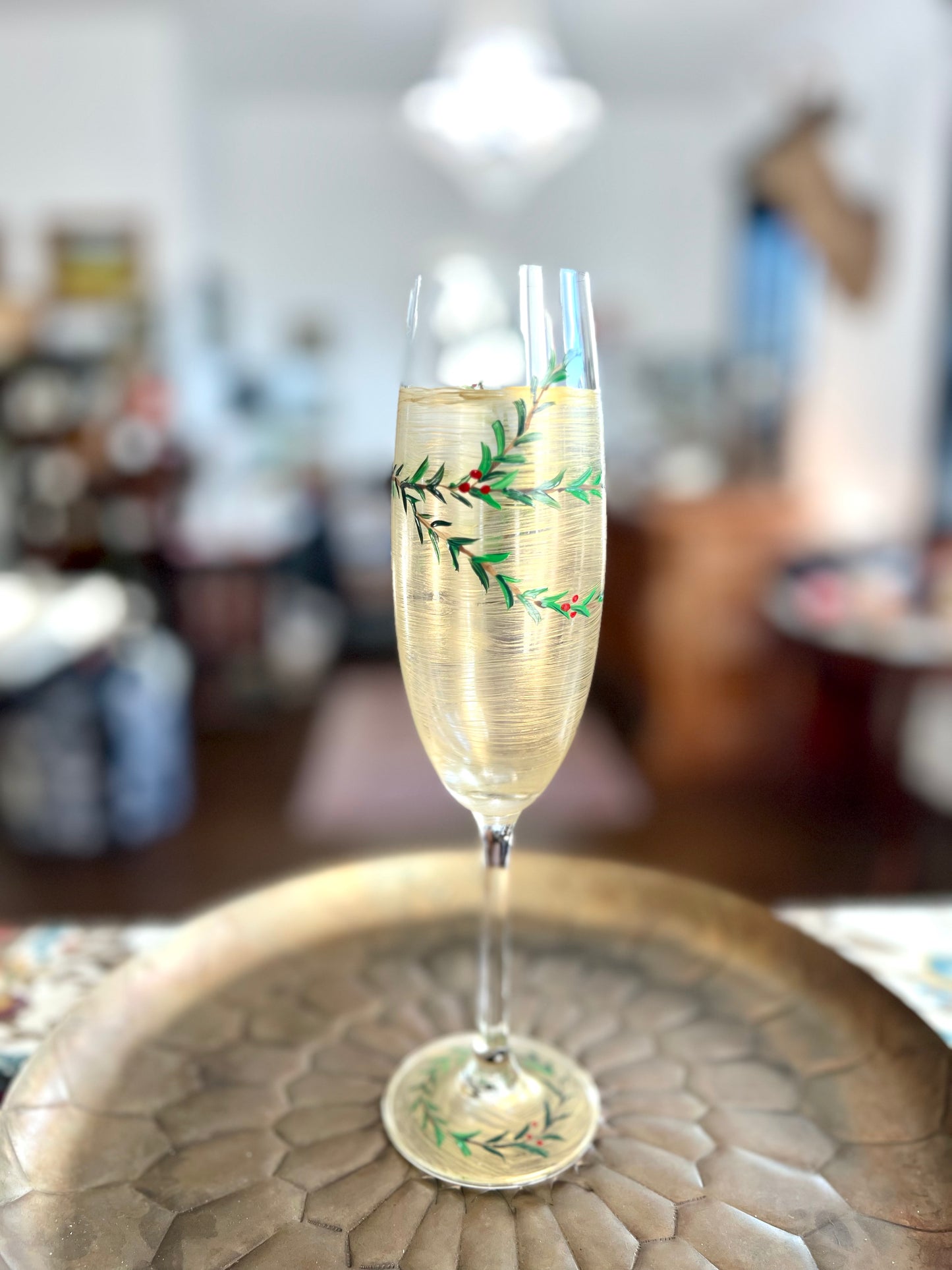 Hand Painted Holly Garland Christmas Champagne Flute Glass by Carol Moore