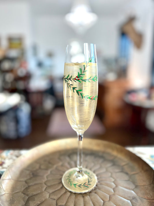 Hand Painted Holly Garland Christmas Champagne Flute Glass by Carol Moore