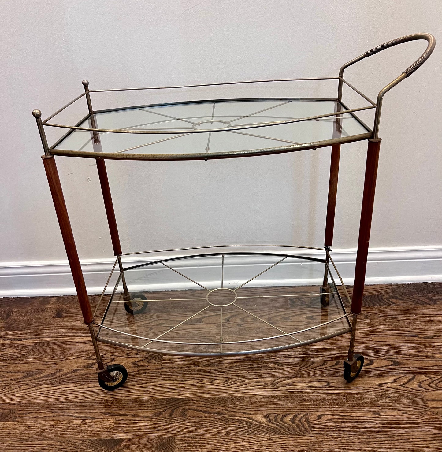 Vintage Mid Century Modern Brass & Wood Bar Cart
