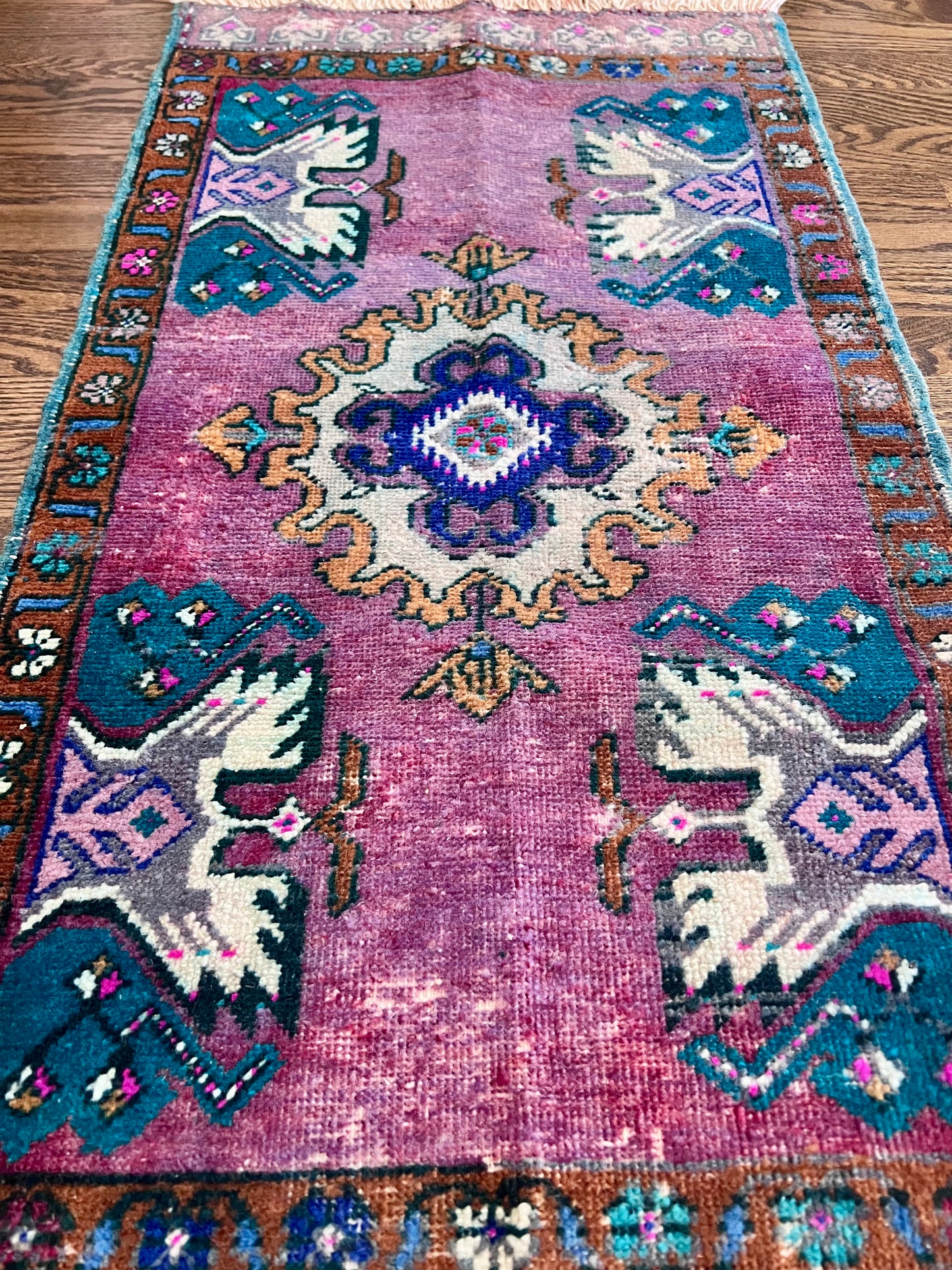 Turquoise & Plum Medallion Vintage Turkish Oushak Rug