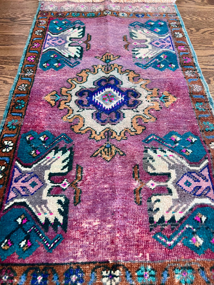 Turquoise & Plum Medallion Vintage Turkish Oushak Rug
