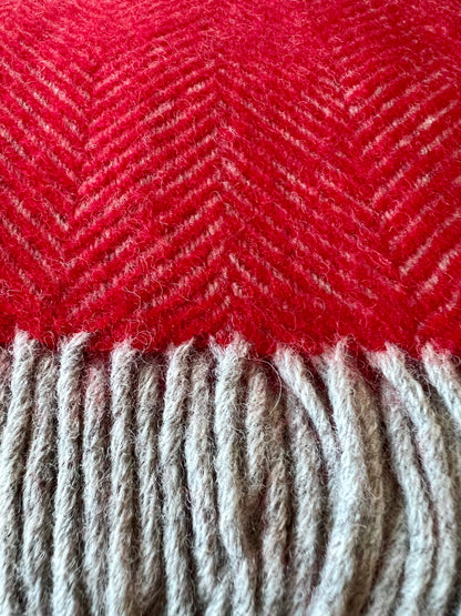Ruby Red & Pearl Gray Highland Tweeds 100% Wool Herringbone Throw - Made in the British Isles