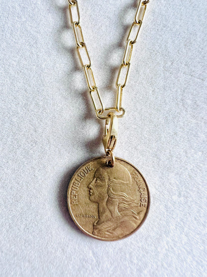 1969 French 20 Centimes Coin 14kt Gold Vermeil Paper Clip Necklace
