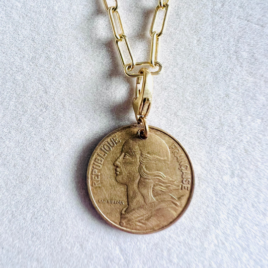 1969 French 20 Centimes Coin 14kt Gold Vermeil Paper Clip Necklace