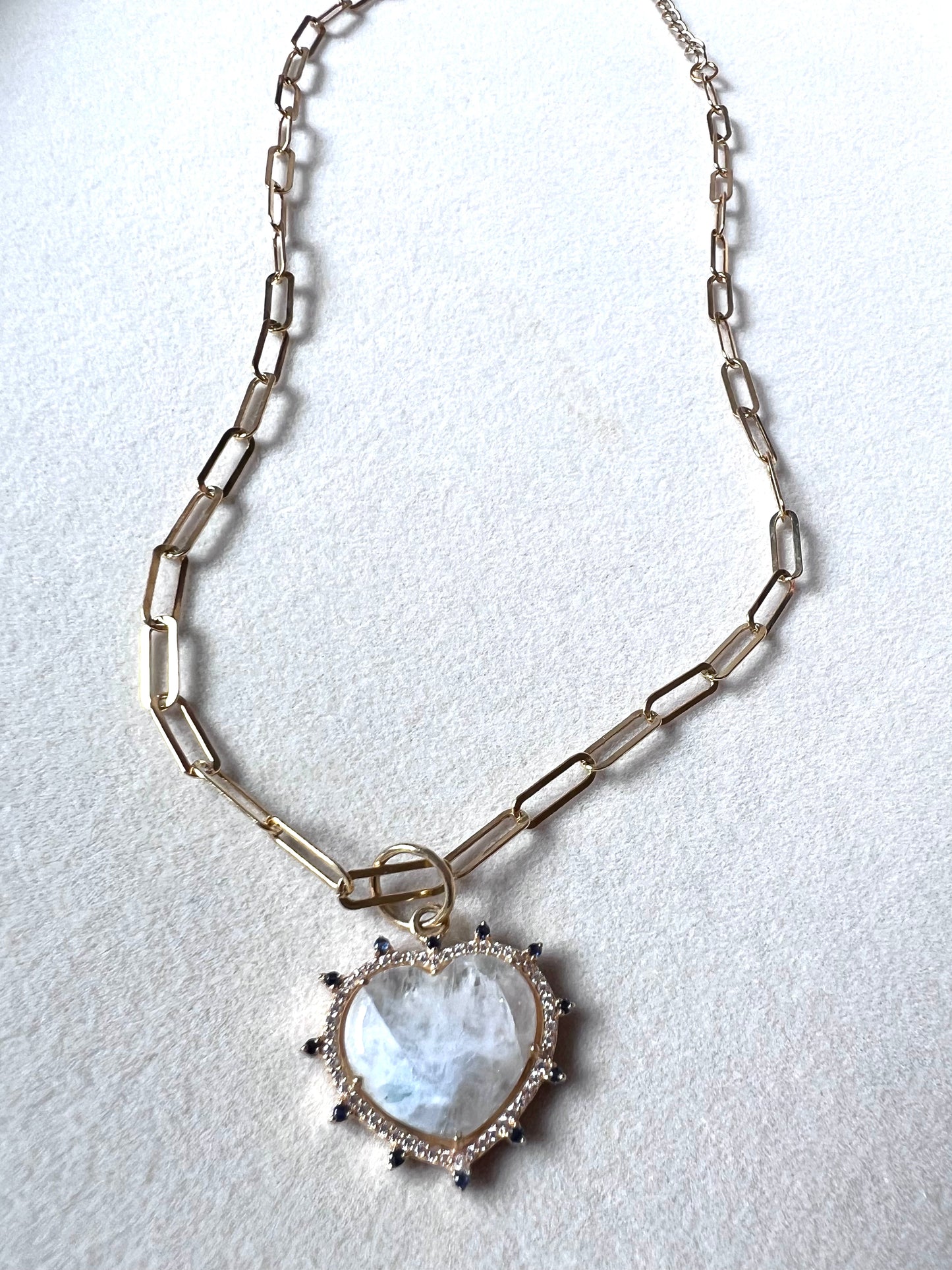 Moonstone and Sapphire & White Crystals Heart Necklace