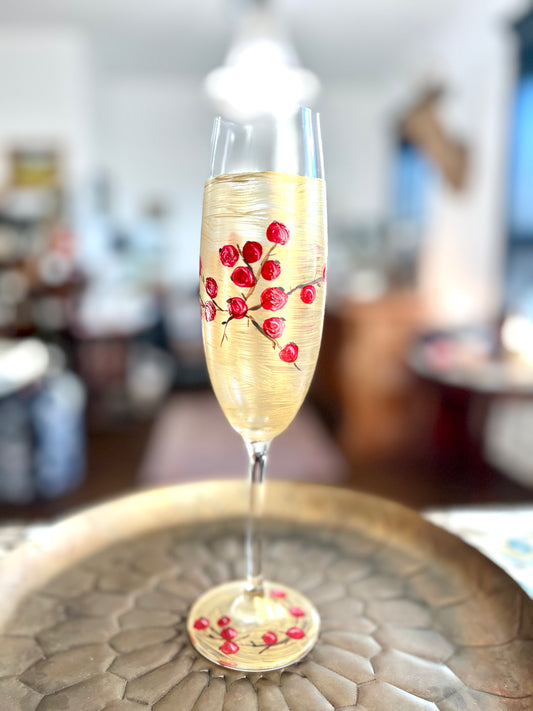 Hand Painted Holly Berries Christmas Champagne Flute Glass by Carol Moore
