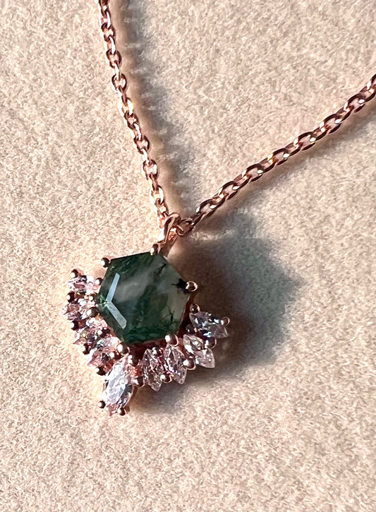 Moss Agate & White Topaz Cluster Necklace