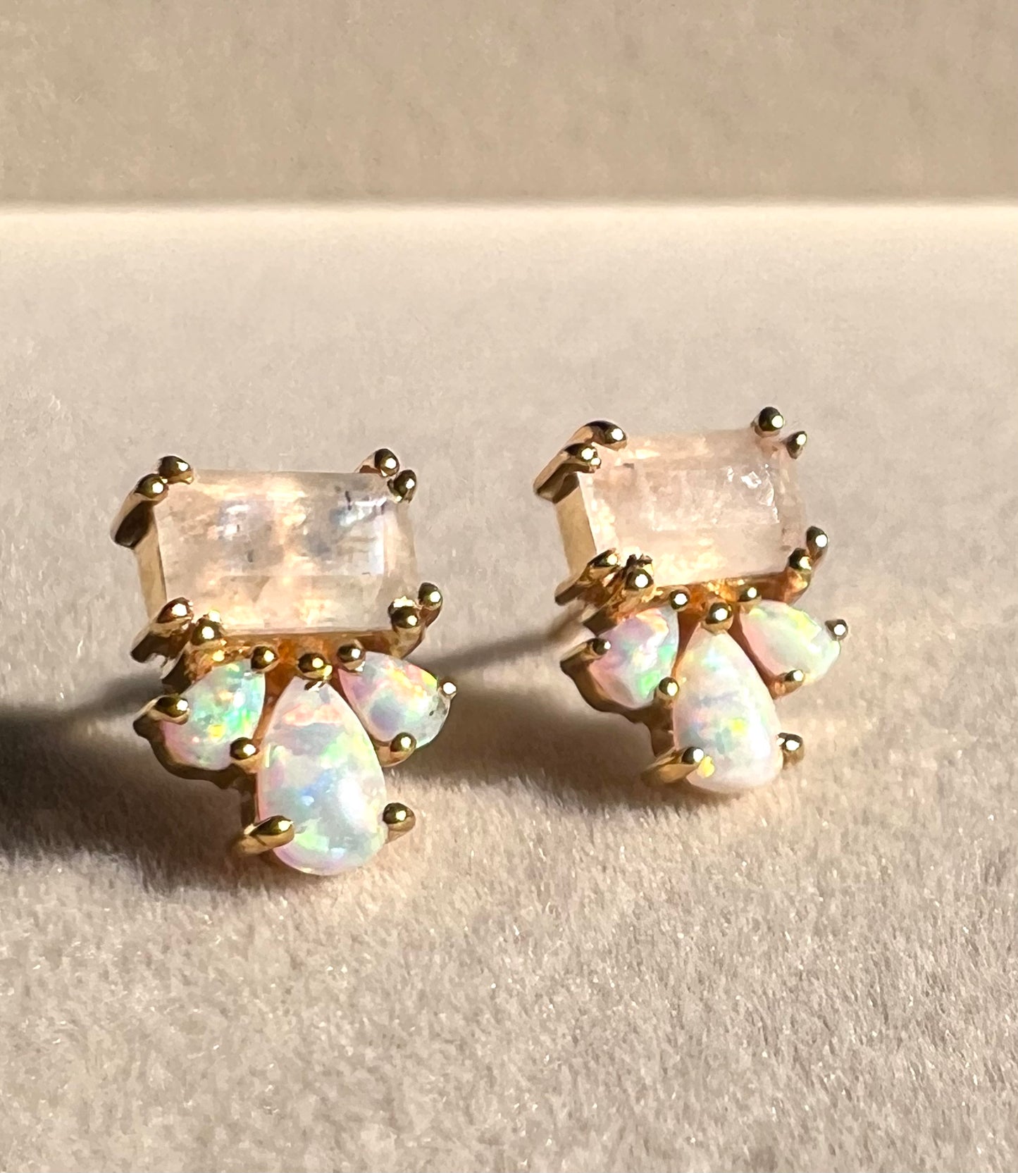 Rainbow Moonstone & Lab Opal Trio Stud Earrings