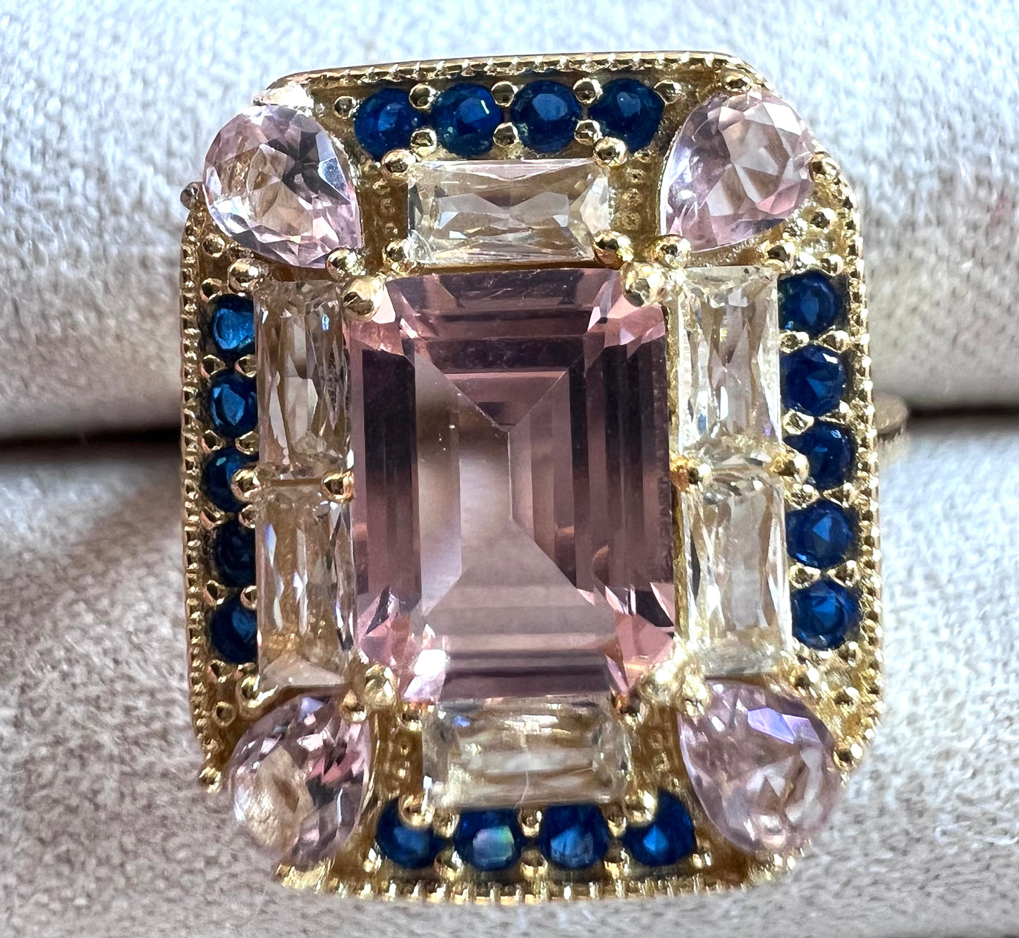 The Gatsby Ring - Pink Morganite, Sapphire & White Topaz Cocktail Ring, Size 6