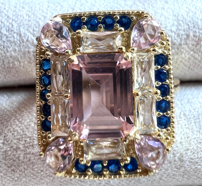 The Gatsby Ring - Pink Morganite, Sapphire & White Topaz Cocktail Ring, Size 6