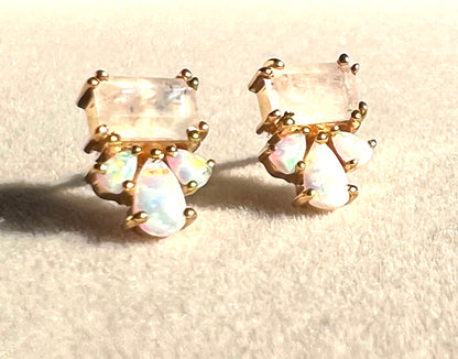 Rainbow Moonstone & Lab Opal Trio Stud Earrings