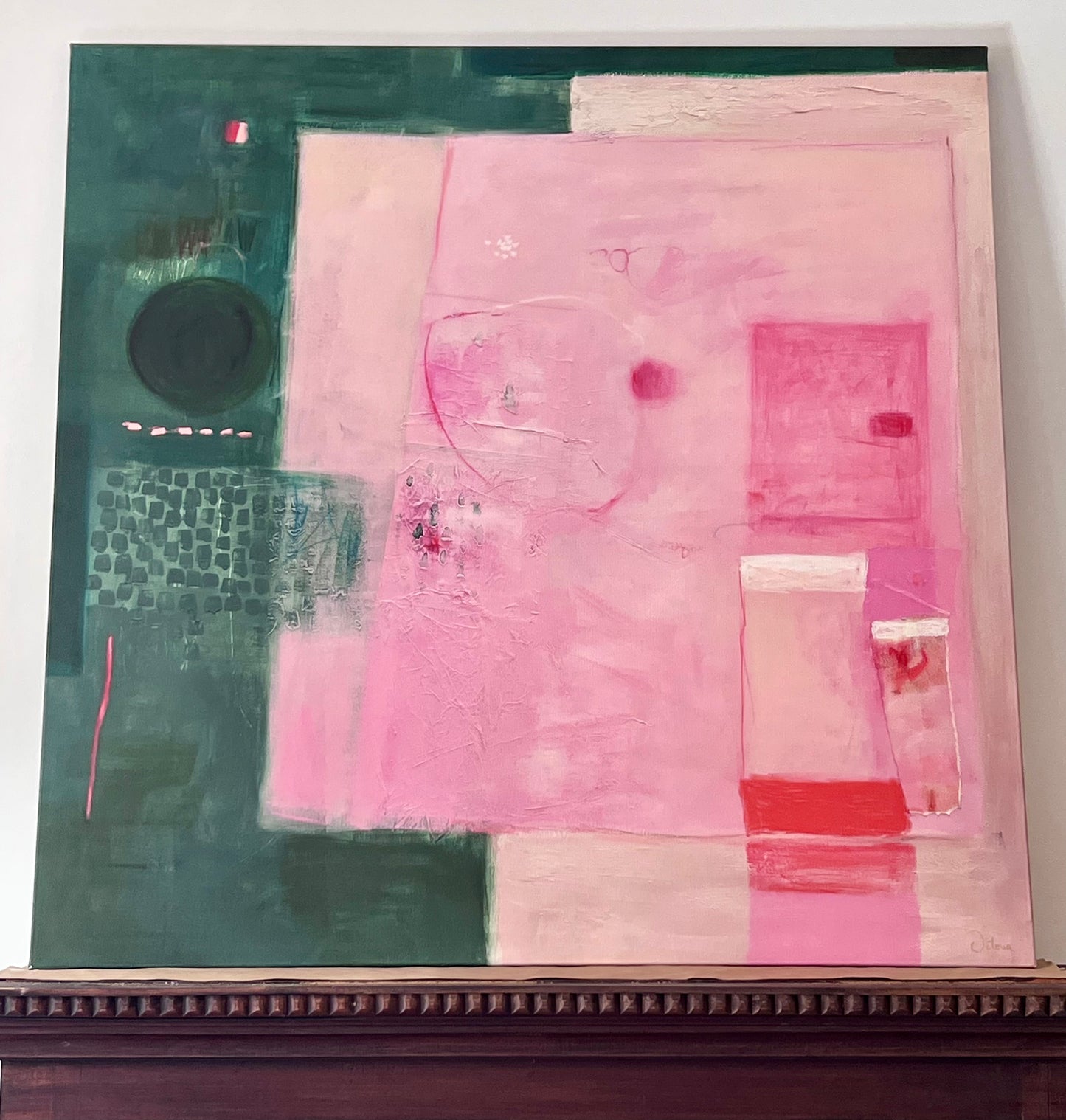 Green & Pink Abstract Giclée 40" x 40" Fine Art Print by Spain-based artist Victoria