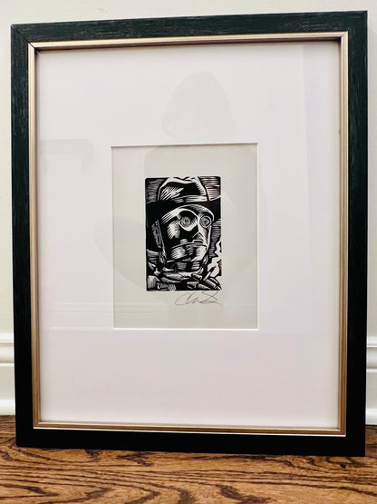 Signed Framed "C-3PO Smoking Space Cowboy" Hand Pulled Linoleum Block Print by Charles State