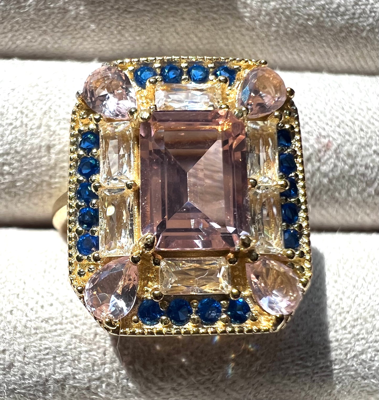The Gatsby Ring - Pink Morganite, Sapphire & White Topaz Cocktail Ring, Size 6