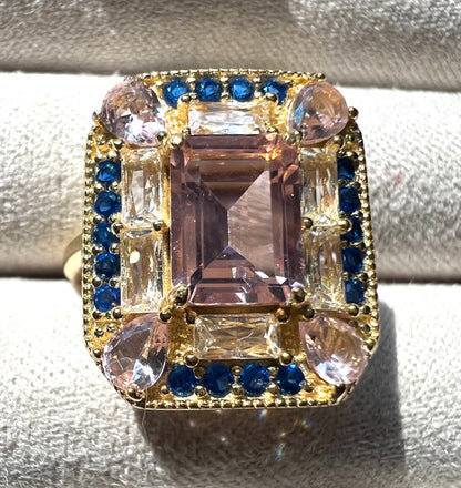 The Gatsby Ring - Pink Morganite, Sapphire & White Topaz Cocktail Ring, Size 6