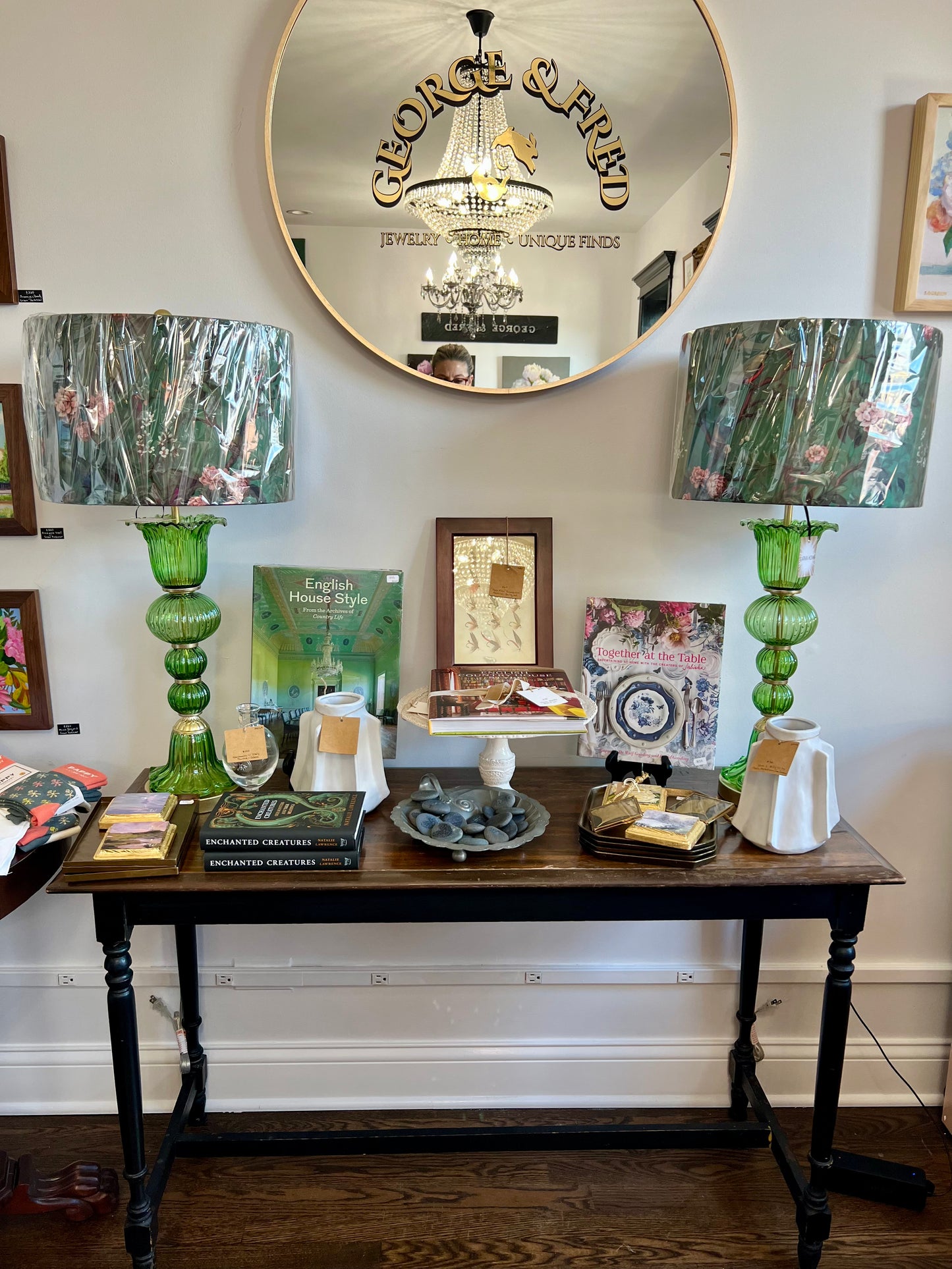 Green Glass Lamp with Green Floral & Bird Shade - Karma Home